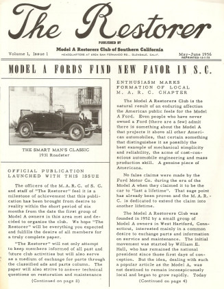THE RESTORER - MODEL A RESTORERS CLUB SO CAL - 1956 MAY/JUN - Vol 1 No 1 REPRINT